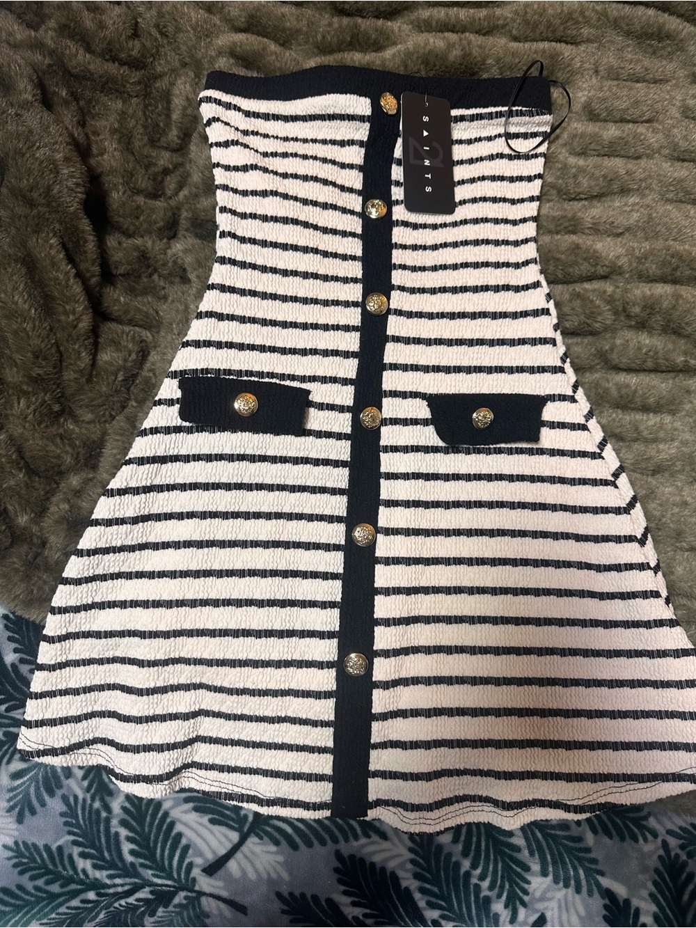 All Saints Navy & White Striped Knit Mini Dress with Gold Buttons